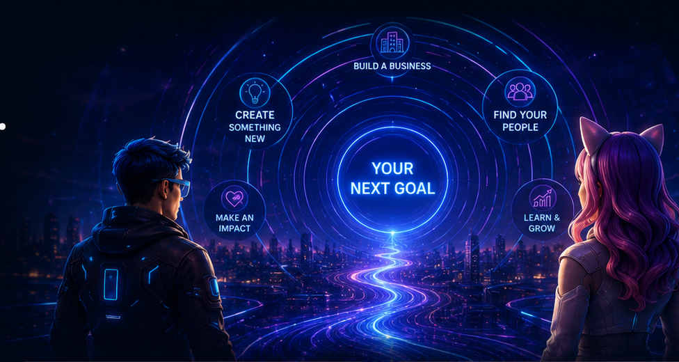 Citizens facing a glowing next goal portal in Omniverse City