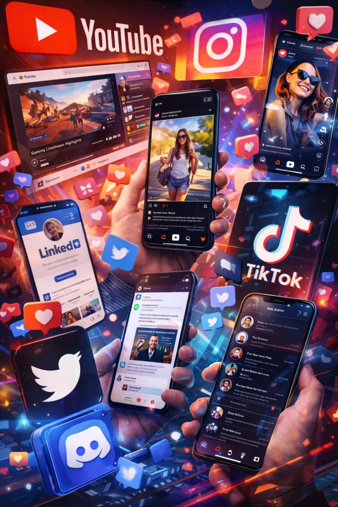 Collage of social media platforms including YouTube, Instagram, TikTok, LinkedIn, X, and Discord representing the evolution of digital ecosystems and interactive media platforms